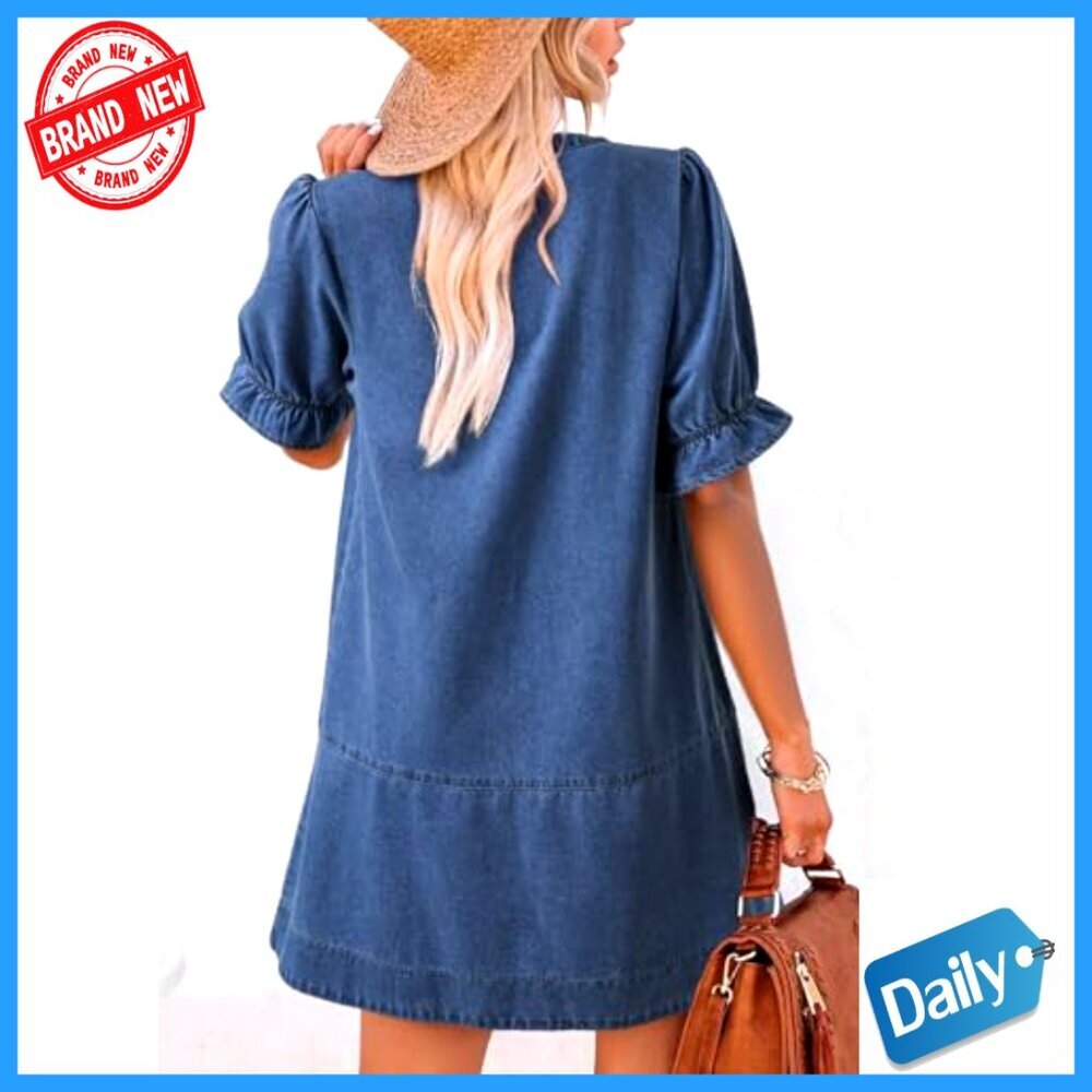 Denim Babydoll Dress Casual Button Front Ruffle Sleeve Loose Fit Mini - Picture 6 of 7